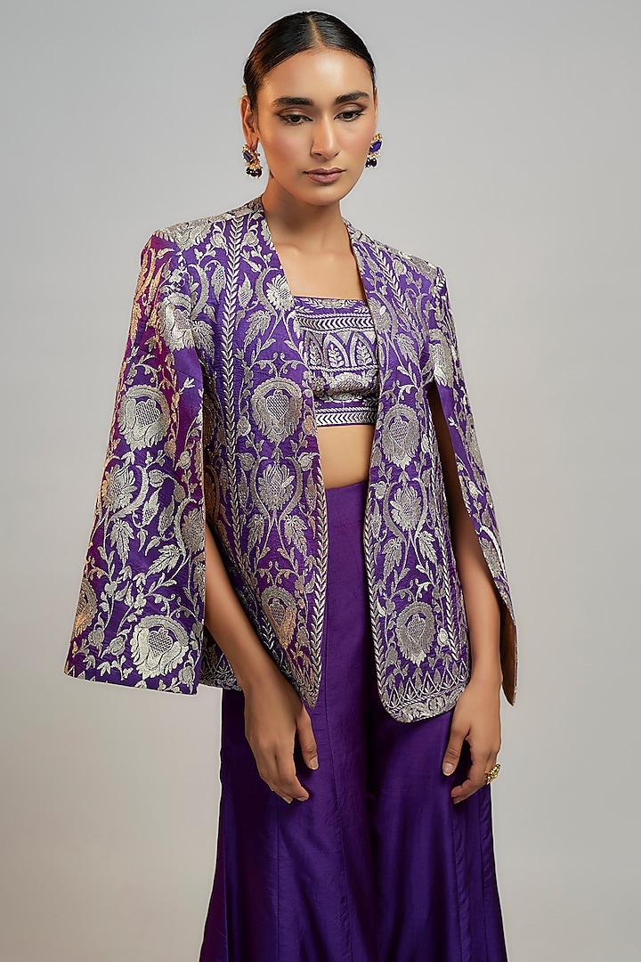 Purple Tussar Resham Embroidered Blazer by GOPI VAID at Pernia's Pop Up Shop