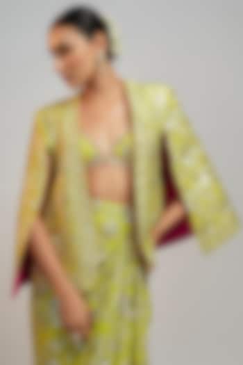 Lime Green Tussar Resham Embroidered Blazer by GOPI VAID at Pernia's Pop Up Shop
