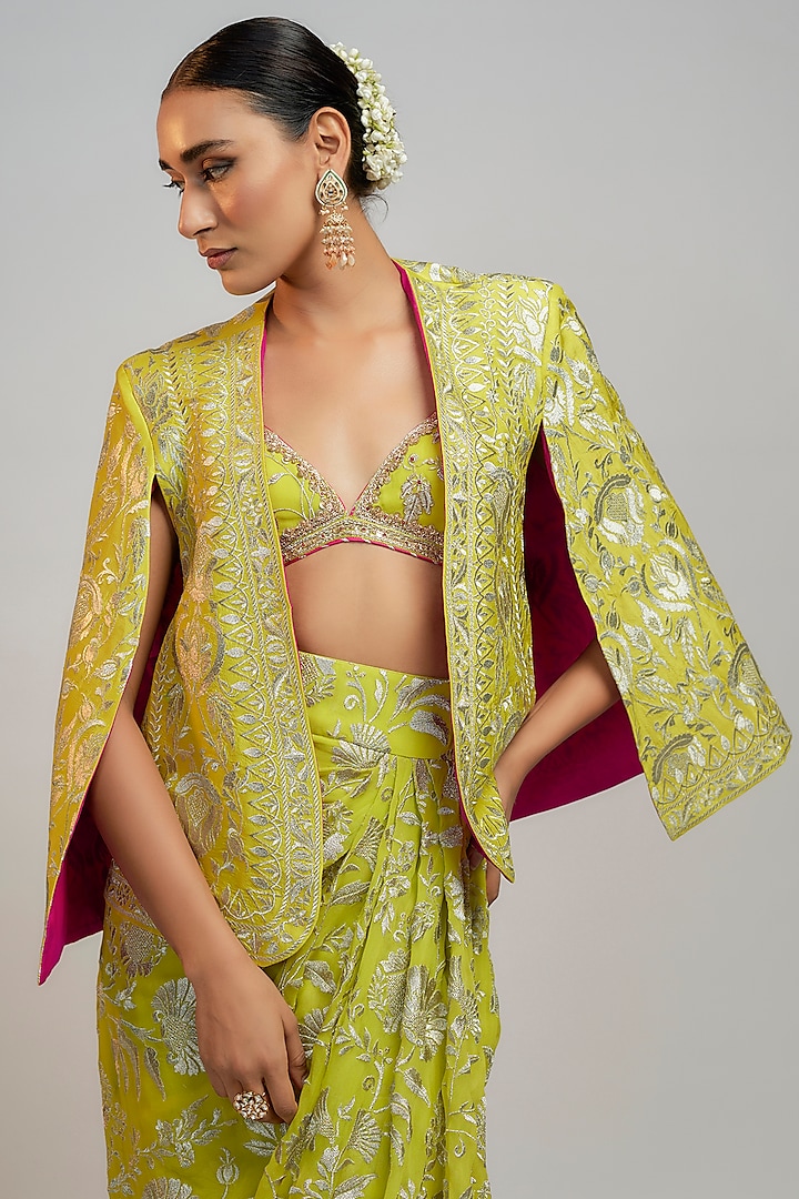 Lime Green Tussar Resham Embroidered Blazer by GOPI VAID at Pernia's Pop Up Shop