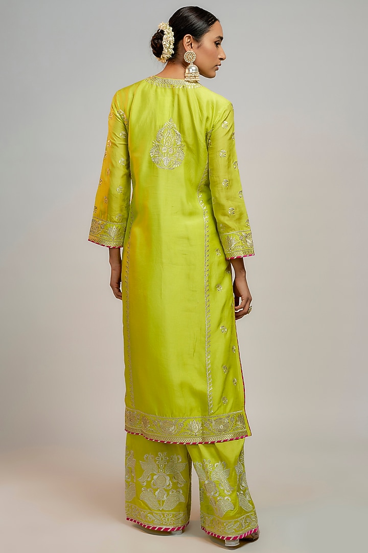 Lime Green Tussar Kasab Hand & Machine Embroidered Kurta Set by GOPI VAID at Pernia's Pop Up Shop