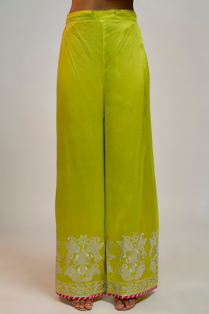 Lime Green Tussar Kasab Hand & Machine Embroidered Kurta Set by GOPI VAID at Pernia's Pop Up Shop
