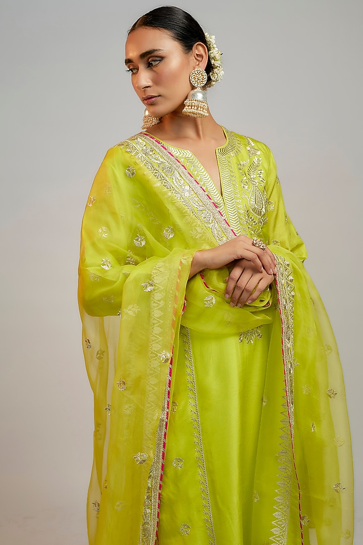 Lime Green Tussar Kasab Hand & Machine Embroidered Kurta Set by GOPI VAID at Pernia's Pop Up Shop