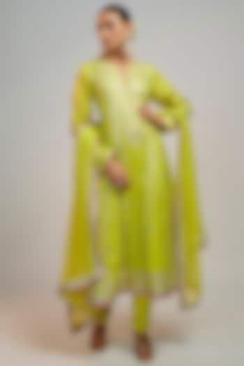 Lime Green Tussar Hand & Machine Embroidered Anarkali Set by GOPI VAID