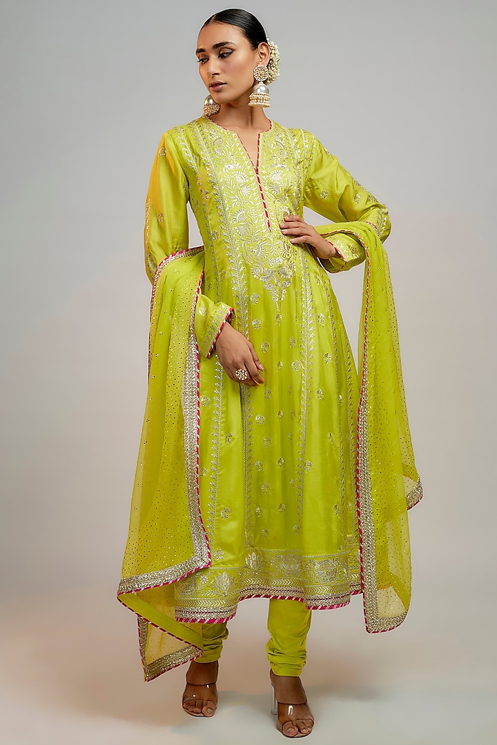 Lime Green Tussar Hand & Machine Embroidered Anarkali Set by GOPI VAID