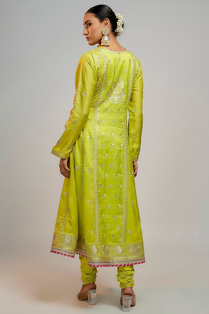 Lime Green Tussar Hand & Machine Embroidered Wedding Anarkali Set by GOPI VAID at Pernia's Pop Up Shop