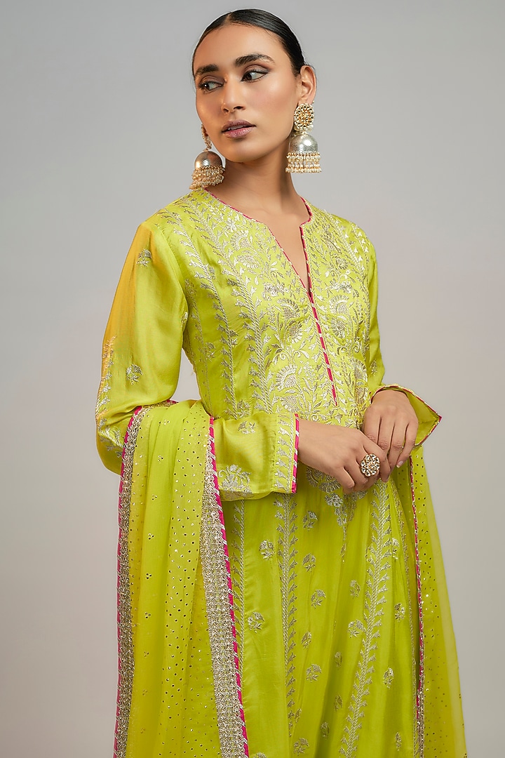 Lime Green Tussar Hand & Machine Embroidered Wedding Anarkali Set by GOPI VAID at Pernia's Pop Up Shop