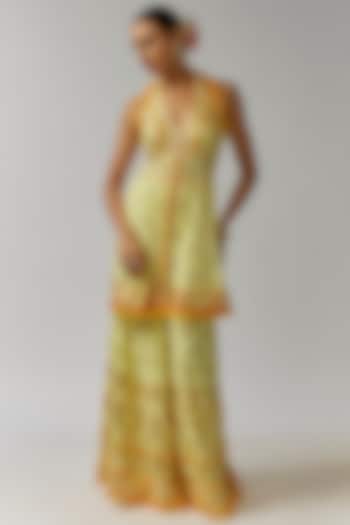 Yellow Viscose Hand & Machine Embroidered Wedding Sharara Set by Gopi Vaid at Pernia's Pop Up Shop