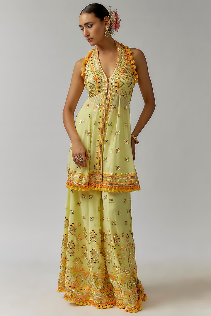 Yellow Viscose Hand & Machine Embroidered Wedding Sharara Set by Gopi Vaid at Pernia's Pop Up Shop