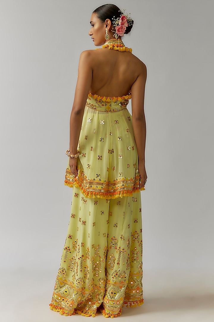 Yellow Viscose Hand & Machine Embroidered Wedding Sharara Set by Gopi Vaid at Pernia's Pop Up Shop