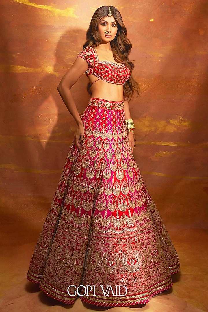 Fuchsia Pink & Red Tussar Motifs Embellished Lehenga Set by GOPI VAID