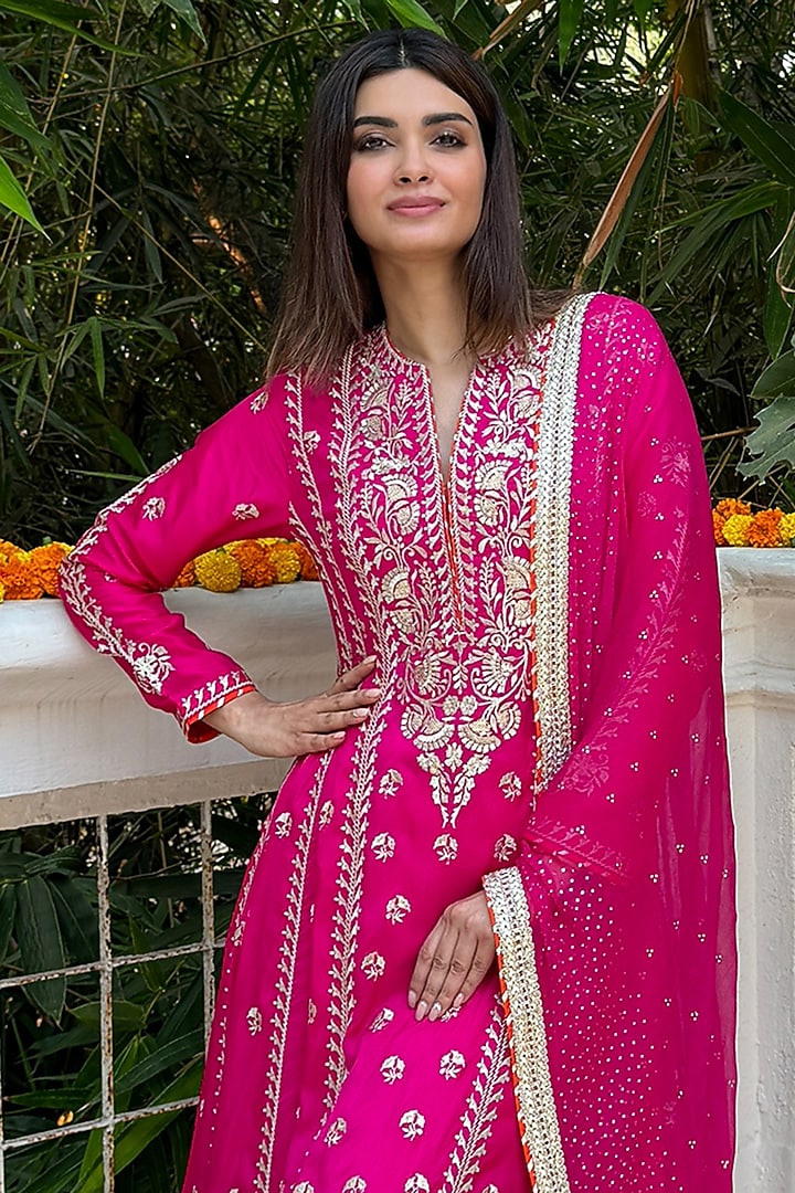 Pink Tussar Wedding Anarkali Set by GOPI VAID at Pernia's Pop Up Shop