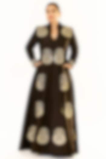 Black Tussar Marodi Embroidered Jacket Set by GOPI VAID at Pernia's Pop Up Shop