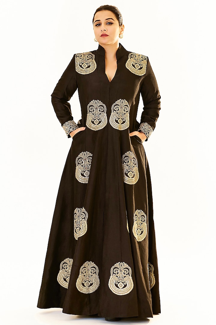 Black Tussar Marodi Embroidered Jacket Set by GOPI VAID at Pernia's Pop Up Shop