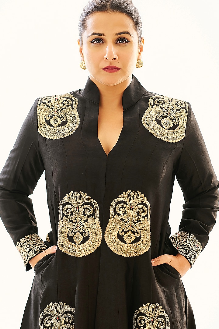 Black Tussar Marodi Embroidered Jacket Set by GOPI VAID at Pernia's Pop Up Shop