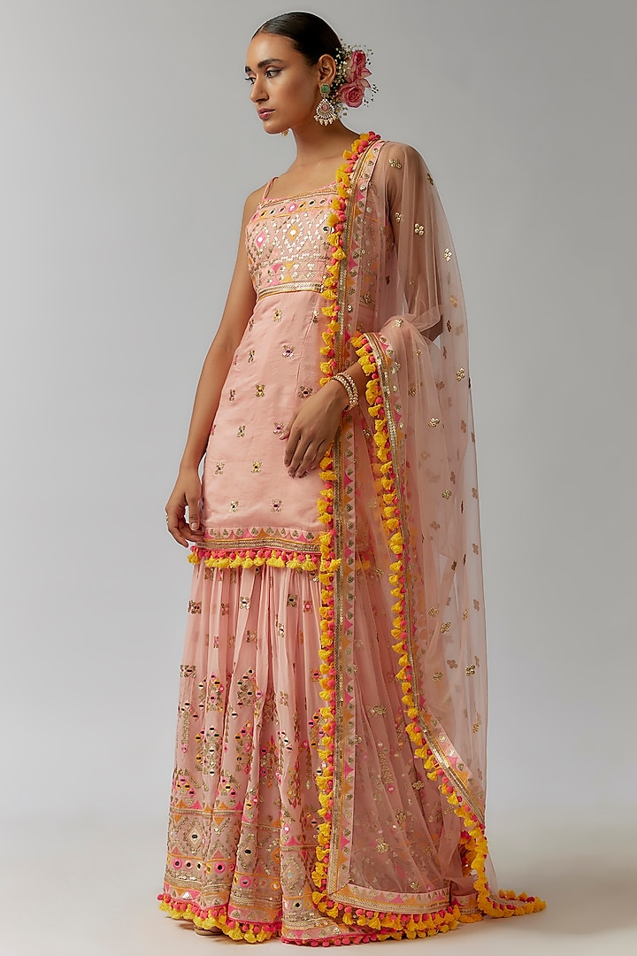 Pink Georgette Sequins Hand & Machine Embroidered Sharara Set by Gopi Vaid