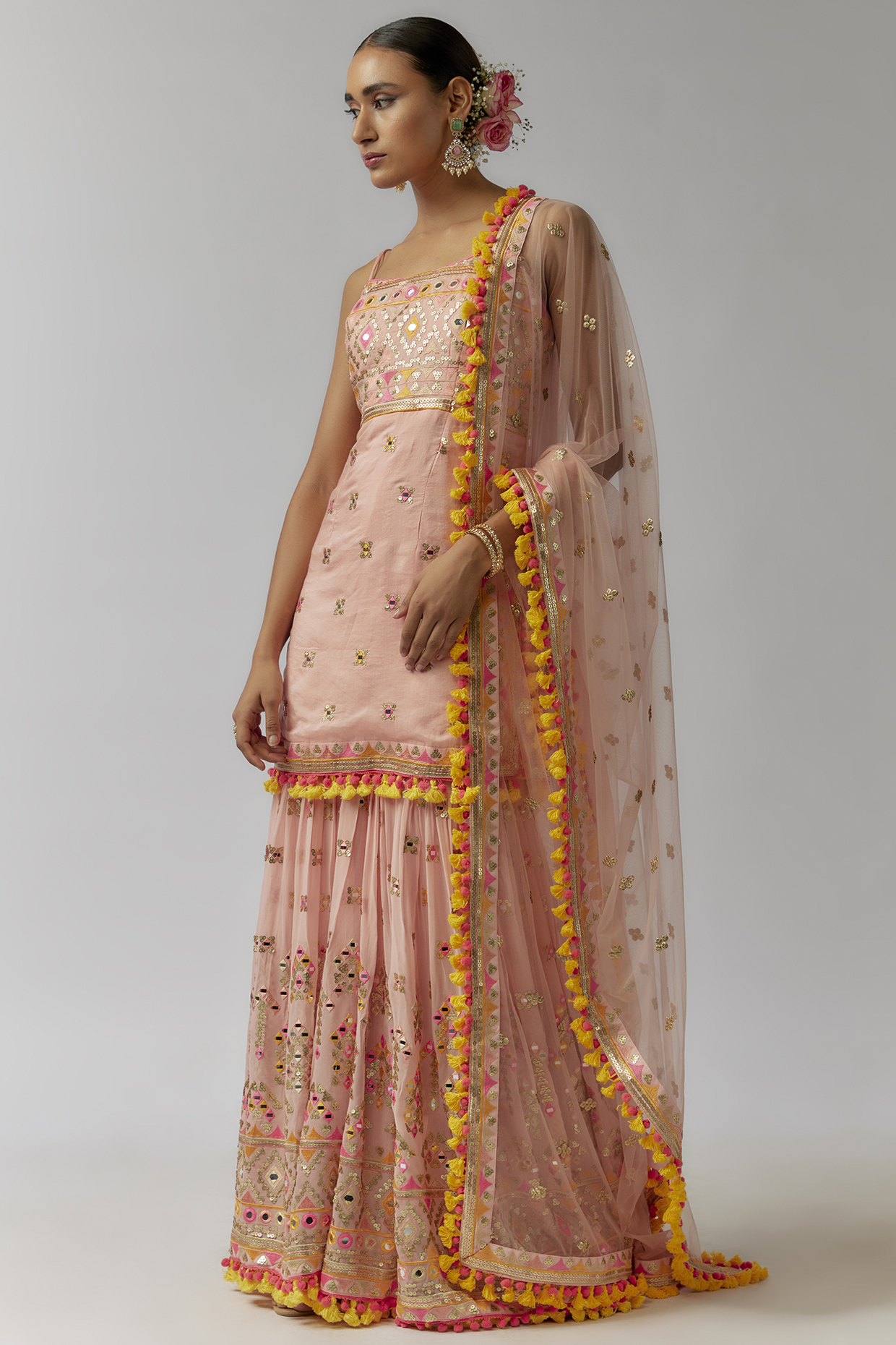Pink Georgette Sequins Hand & Machine Embroidered Wedding Sharara Set by Gopi Vaid at Pernia's Pop Up Shop