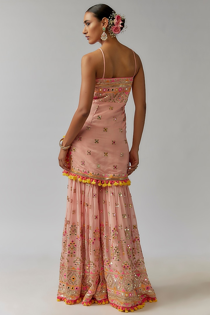 Pink Georgette Sequins Hand & Machine Embroidered Wedding Sharara Set by Gopi Vaid at Pernia's Pop Up Shop