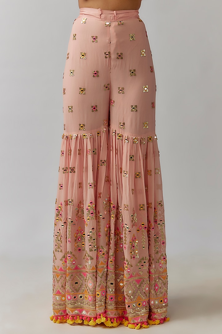 Pink Georgette Sequins Hand & Machine Embroidered Wedding Sharara Set by Gopi Vaid at Pernia's Pop Up Shop