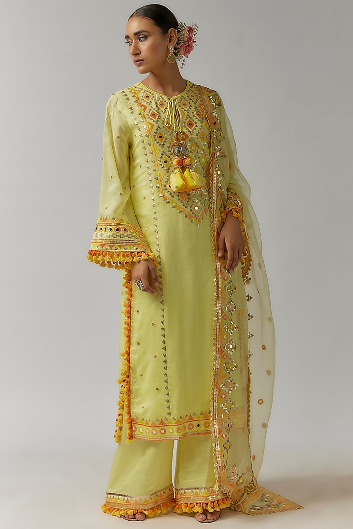 Yellow Viscose Sequins Hand & Machine Embroidered Kurta Set by Gopi Vaid at Pernia's Pop Up Shop