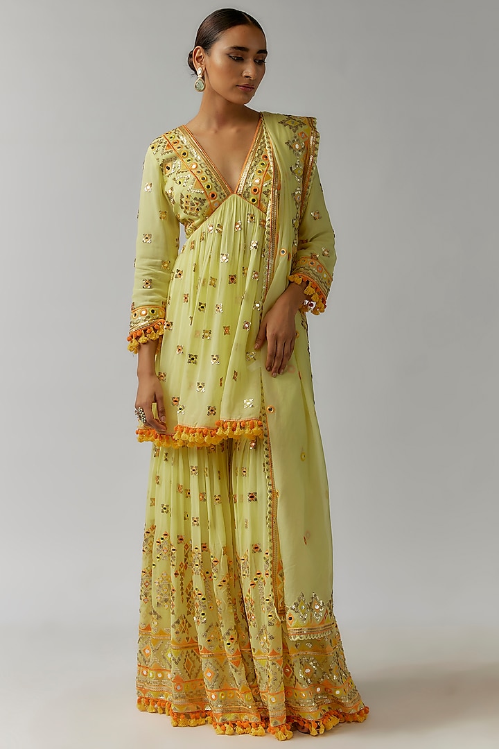 Yellow Georgette Sequins Hand & Machine Embroidered Sharara Set by Gopi Vaid at Pernia's Pop Up Shop