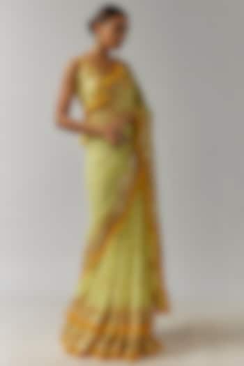 Yellow Georgette Mirror Hand & Machine Embroidered Saree Set by Gopi Vaid