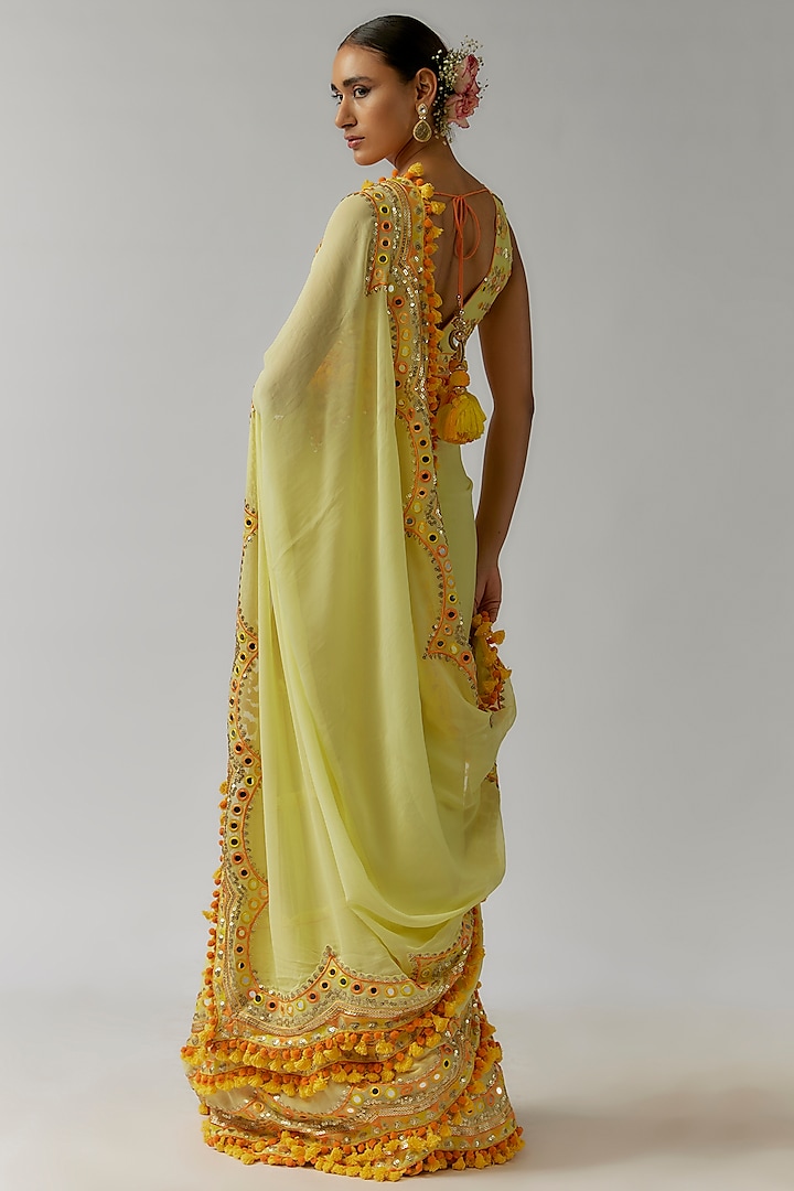 Yellow Georgette Mirror Hand & Machine Embroidered Wedding Saree Set by Gopi Vaid at Pernia's Pop Up Shop