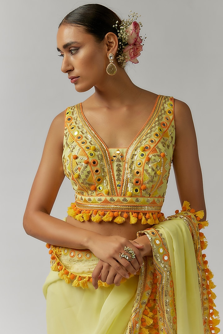 Yellow Georgette Mirror Hand & Machine Embroidered Wedding Saree Set by Gopi Vaid at Pernia's Pop Up Shop
