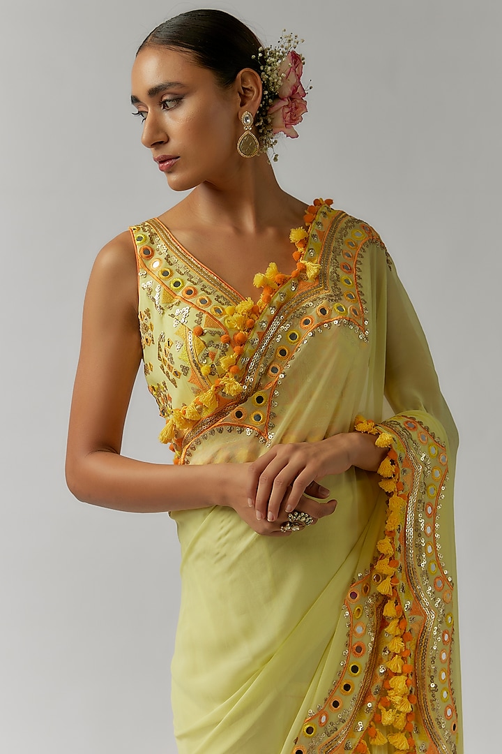 Yellow Georgette Mirror Hand & Machine Embroidered Wedding Saree Set by Gopi Vaid at Pernia's Pop Up Shop