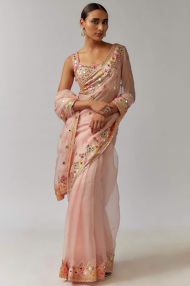 Pink Organza Motif Hand & Machine Embroidered Wedding Saree Set by Gopi Vaid at Pernia's Pop Up Shop
