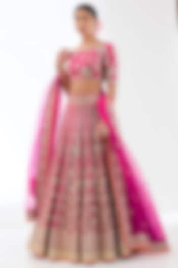 Pink Tussar Threadwork Lehenga Set by GOPI VAID