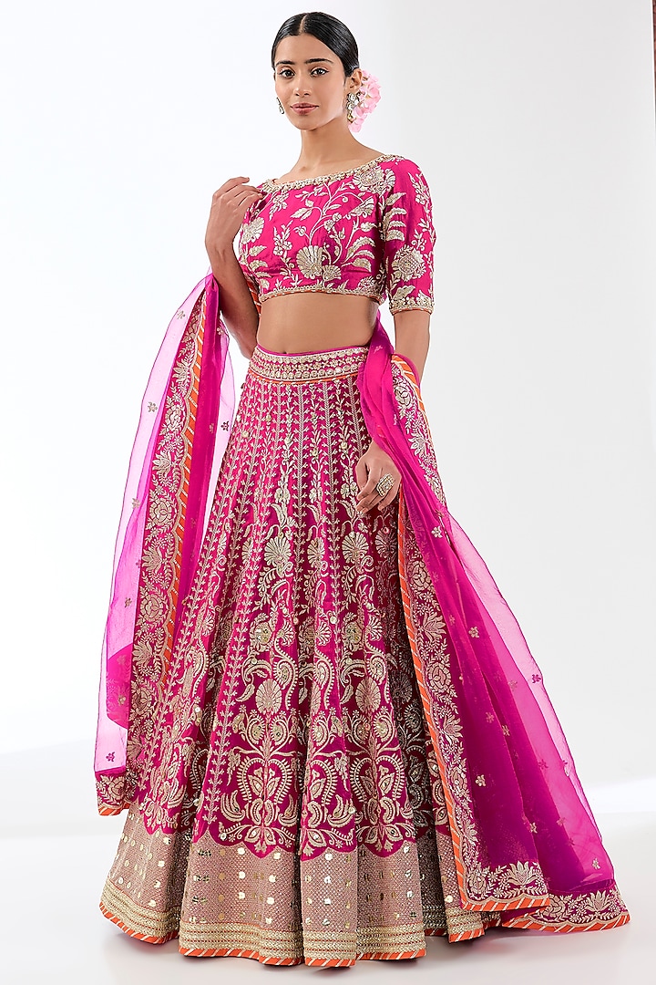 Pink Tussar Threadwork Lehenga Set by GOPI VAID