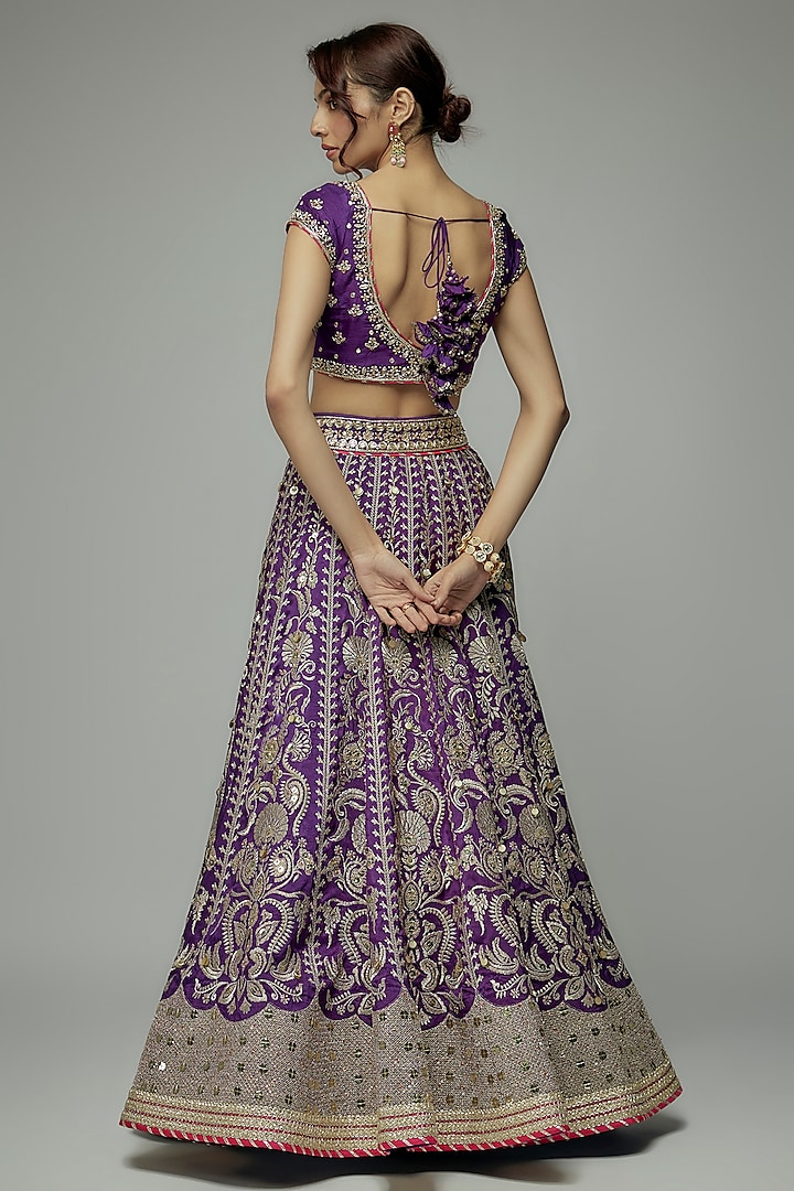 Purple Tussar Thread Embroidered Brocade Bridal Lehenga Set by GOPI VAID at Pernia's Pop Up Shop