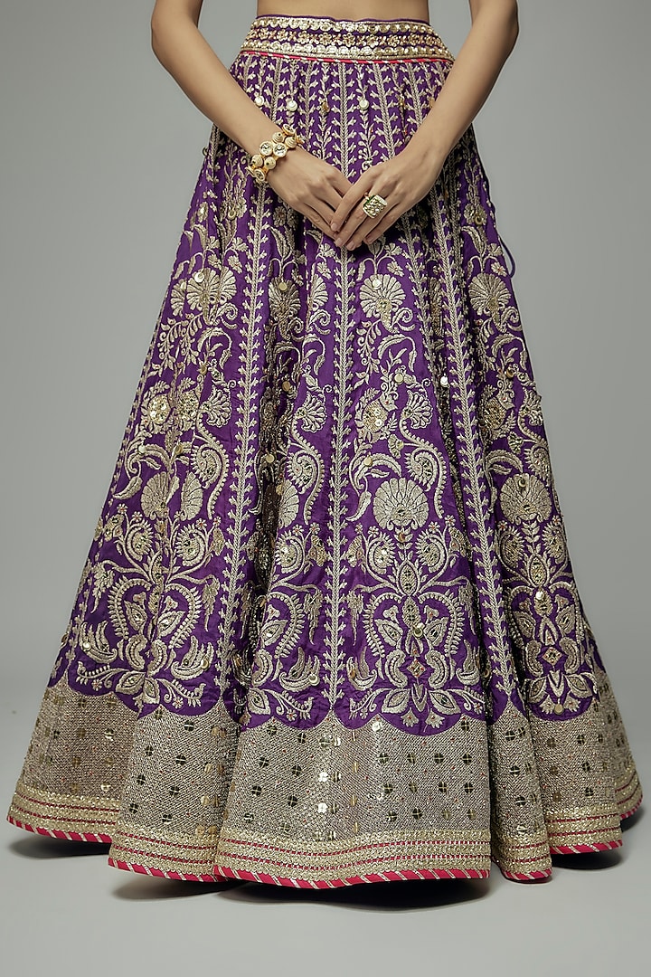 Purple Tussar Thread Embroidered Brocade Bridal Lehenga Set by GOPI VAID at Pernia's Pop Up Shop