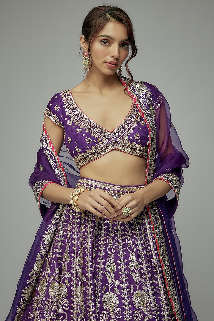 Purple Tussar Thread Embroidered Brocade Bridal Lehenga Set by GOPI VAID at Pernia's Pop Up Shop