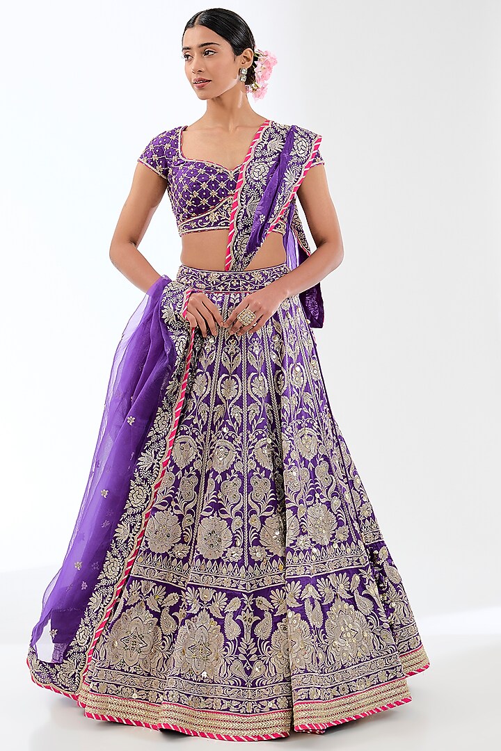 Purple Tussar Zardosi Work Bridal Lehenga Set by GOPI VAID at Pernia's Pop Up Shop