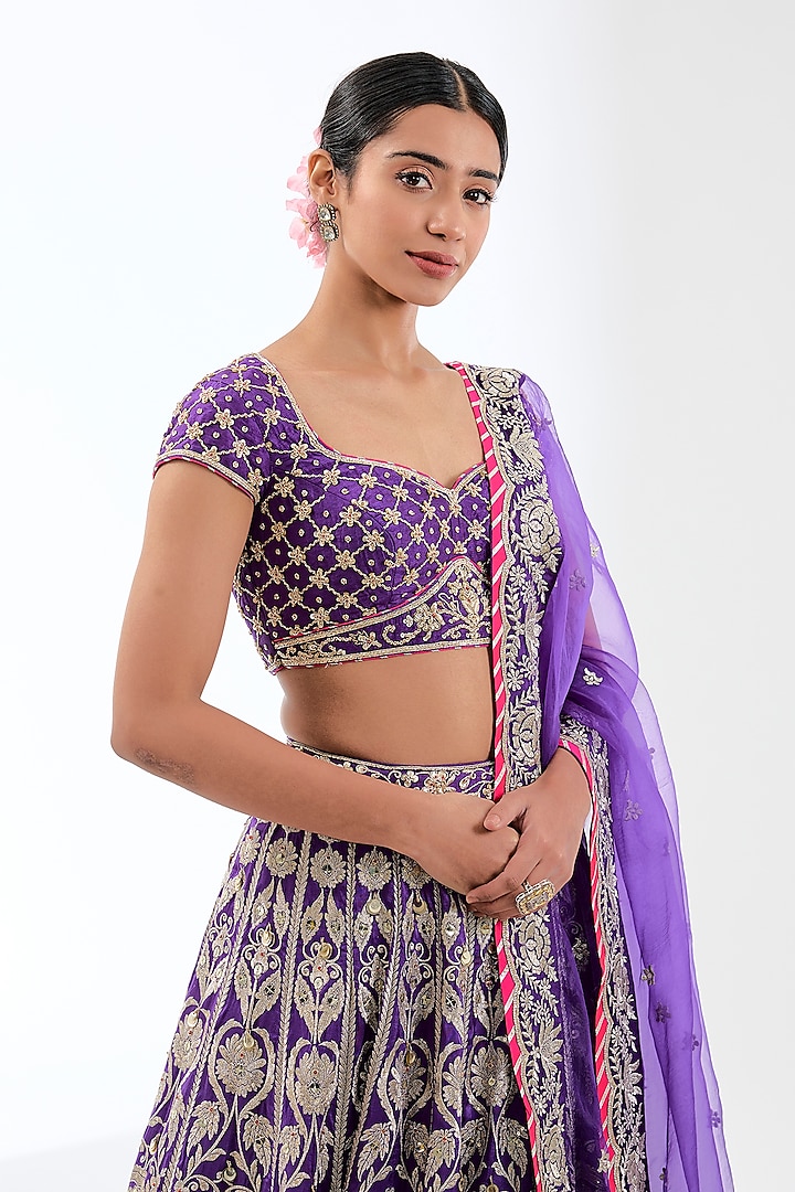 Purple Tussar Zardosi Work Bridal Lehenga Set by GOPI VAID at Pernia's Pop Up Shop