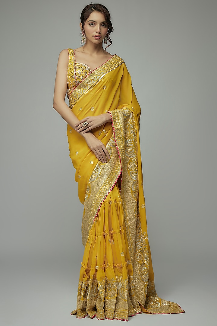 Yellow Georgette Gold Embroidered Lehenga Saree Set by GOPI VAID at Pernia's Pop Up Shop