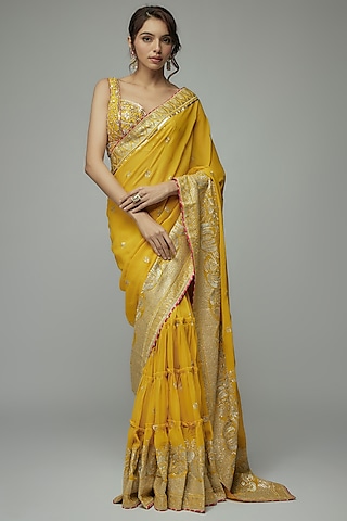 Yellow Georgette Gold Embroidered Lehenga Saree Set by GOPI VAID