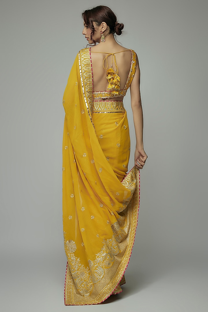 Yellow Georgette Gold Embroidered Wedding Lehenga Saree Set by GOPI VAID at Pernia's Pop Up Shop