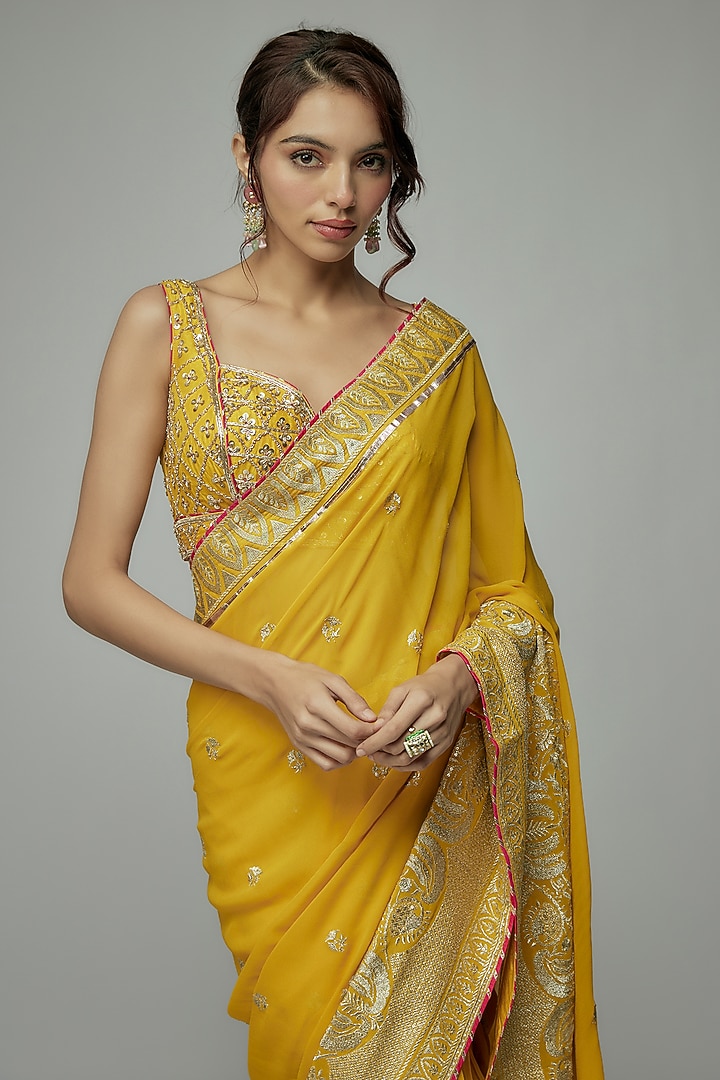 Yellow Georgette Gold Embroidered Wedding Lehenga Saree Set by GOPI VAID at Pernia's Pop Up Shop