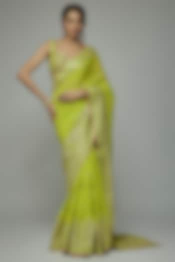 Green Georgette Gold Embroidered Pre-Draped Saree Set by GOPI VAID at Pernia's Pop Up Shop