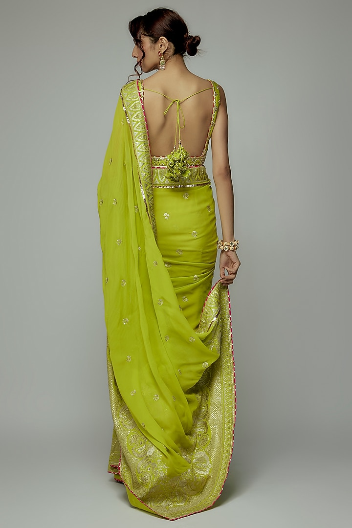Green Georgette Gold Embroidered Pre-Draped Wedding Saree Set by GOPI VAID at Pernia's Pop Up Shop