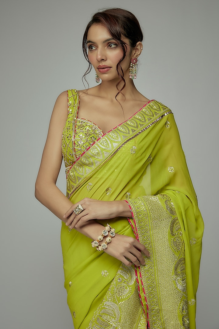 Green Georgette Gold Embroidered Pre-Draped Wedding Saree Set by GOPI VAID at Pernia's Pop Up Shop