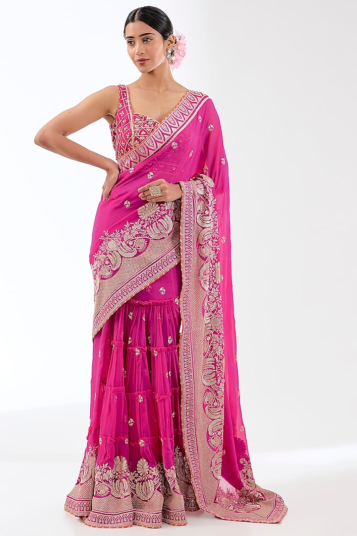 Pink Georgette Zardosi Embroidered Lehenga Saree Set by GOPI VAID