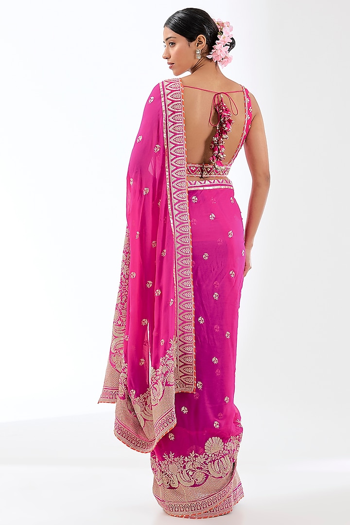 Pink Georgette Zardosi Embroidered Wedding Lehenga Saree Set by GOPI VAID at Pernia's Pop Up Shop