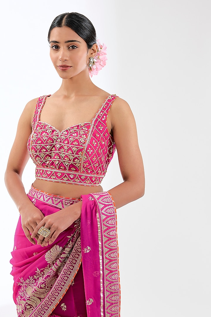 Pink Georgette Zardosi Embroidered Wedding Lehenga Saree Set by GOPI VAID at Pernia's Pop Up Shop