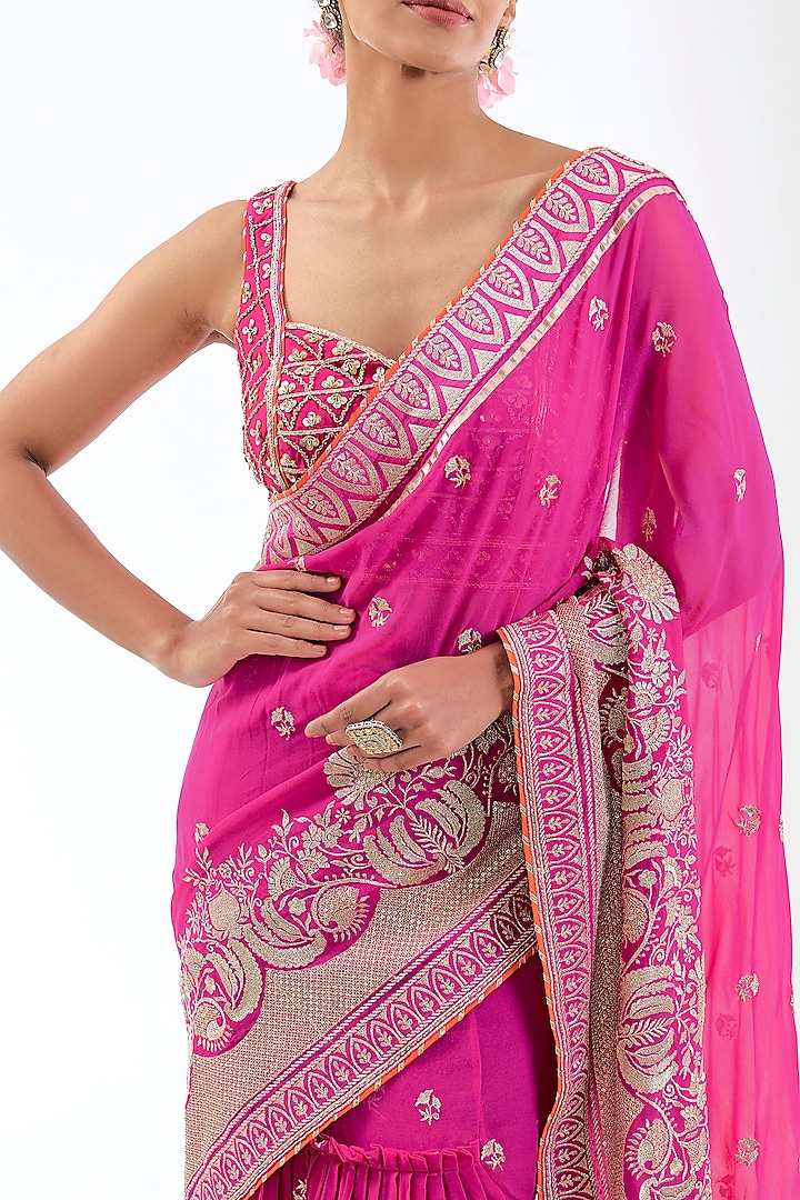 Pink Georgette Zardosi Embroidered Wedding Lehenga Saree Set by GOPI VAID at Pernia's Pop Up Shop