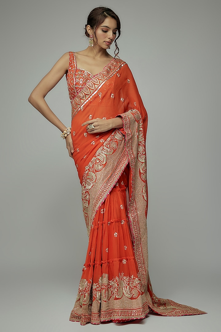 Orange Georgette Gold Embroidered Lehenga Saree Set by GOPI VAID at Pernia's Pop Up Shop