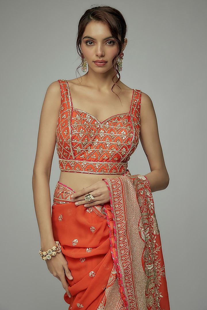 Orange Georgette Gold Embroidered Wedding Lehenga Saree Set by GOPI VAID at Pernia's Pop Up Shop