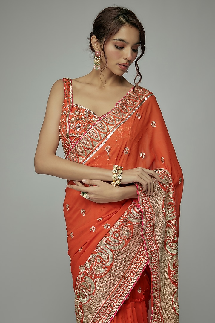 Orange Georgette Gold Embroidered Wedding Lehenga Saree Set by GOPI VAID at Pernia's Pop Up Shop